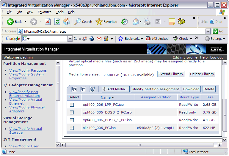 This is a screen shot of the View/Modify Virtual Storage under the optical tab, which shows the media assigned to the virtual optical drive.
