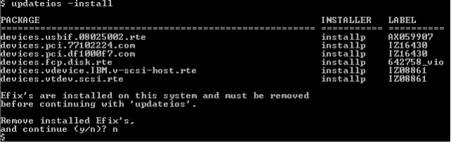 This is a screen shot of the command "updateios -install" being run from the VIOS command line.
