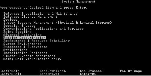 This is a screen shot of the System Management menu with Problem Determination highlighted.