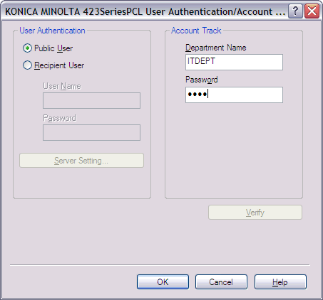 This screen shot shows the User Authentication and Account Track options in the Konica Minolta printer driver.