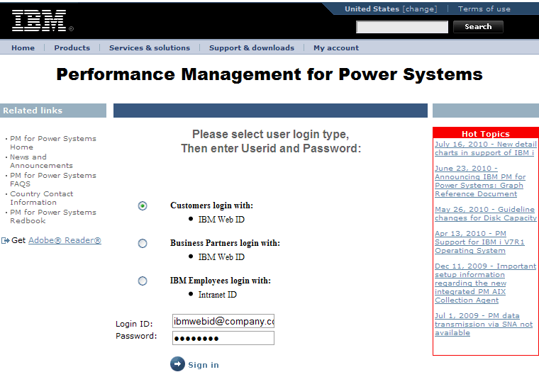 This print screen shows the Performance Management for Power Systems login page.