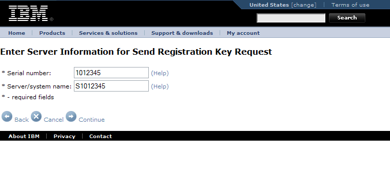 This print screen shows the "Enter Server Information for Send Registration Key Request" web page.