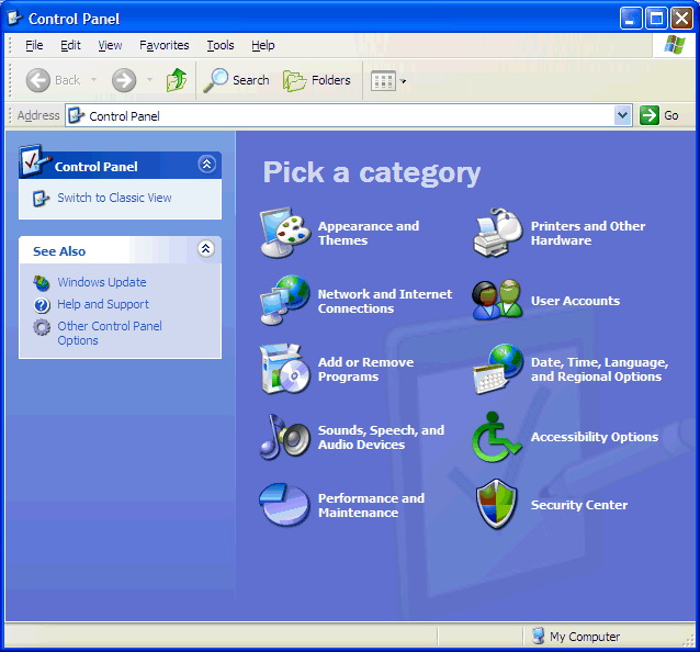 This print screen shows the Category View within the Windows Control Panel.