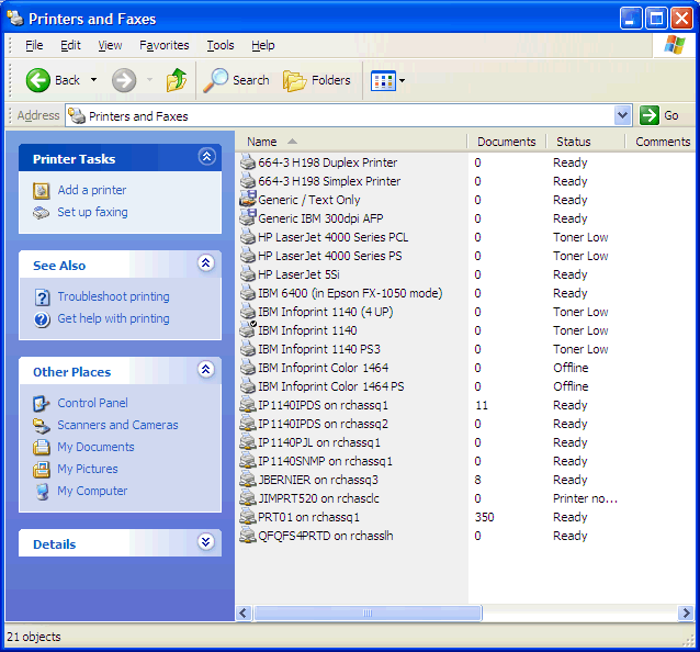 This print screen shows the Printer and Faxes folder under the Windows Control Panel.