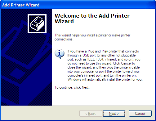 This print screen shows the Welcome screen within the Add Printer Wizard.