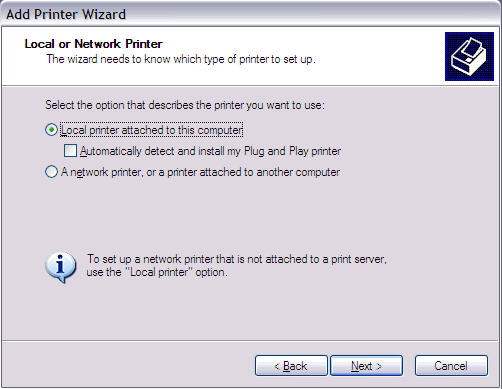 This print screen shows the Local or Network Printer screen within Add Printer Wizard with "Local printer attached to this computer" selected.