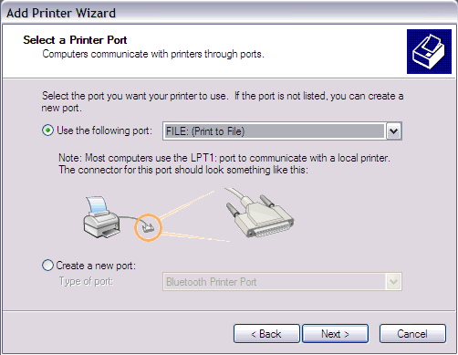 This print screen shows the Select a Printer Port screen within Add Printer Wizard with "FILE: (Print to File)" selected.