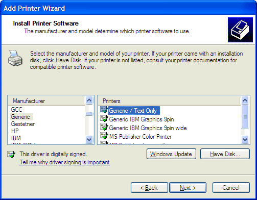 This print screen shows the Install Printer Software screen within the Add Printer Wizard with "Generic" and "Generic / Text Only" selected.