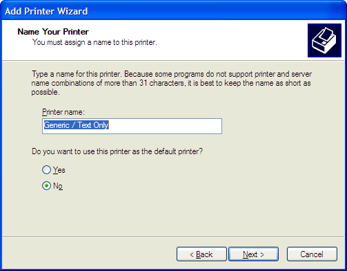 This print screen shows the Name Your Printer screen within the Add Printer Wizard with the printer name set to "Generic / Text Only".