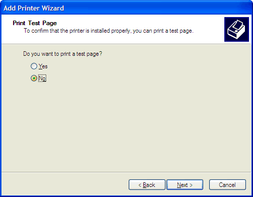 This print screen shows the Print Test Page screen within the Add Printer Wizard with "No" selected.