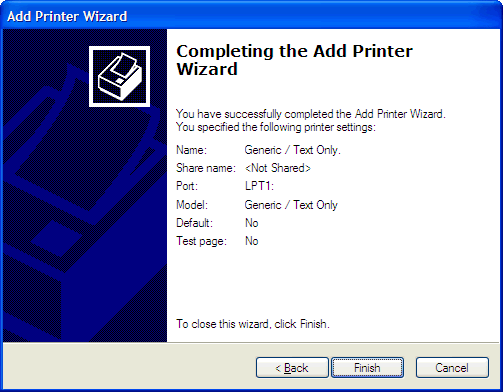 This print screen shows the Completing the Add Printer Wizard screen.