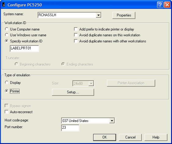 This print screen shows the Configure PC5250 dialog box.