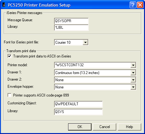 This print screen shows the PC5250 Printer Emulation Setup dialog box.