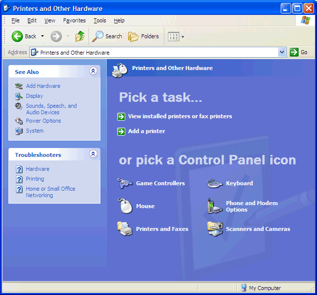 This print screen shows the Printers and Other Hardware category under the Windows Control Panel.