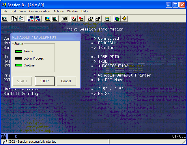 This print screen shows the PC5250 printer session with the Printer Control dialog box showing that the printer session is "Ready" and "On-Line".