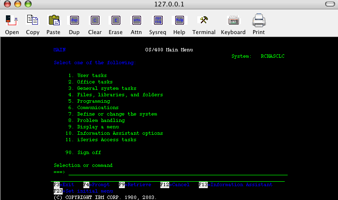 Screen shot of OS/400 Main Menu.