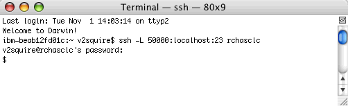 Screen shot of SSH tunnel being established on a Macintosh machine.