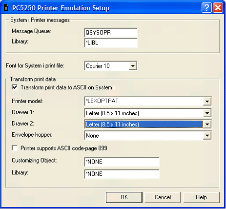 This print screen shows an example of the PC5250 Printer Emulation Setup dialog box after selecting "Transform print data to ASCII on System i".