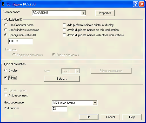 This print screen shows the Configure PC5250 dialog box after specifying the system name, the workstation ID, and selecting a type of emulation of "Printer".
