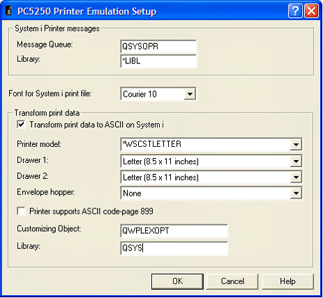 This print screen shows the PC5250 Printer Emulation Setup dialog box when selecting a system-supplied Workstation Customizing Object (WSCST) of QWPLEXOPT.