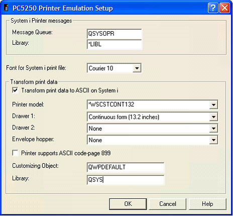 This print screen shows the PC5250 Printer Emulation Setup dialog box when selecting a system-supplied Workstation Customizing Object (WSCST) of QWPDEFAULT.