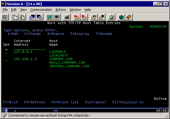 This picture contains the CFGTCP Option 10 screen to add the local host table entries.