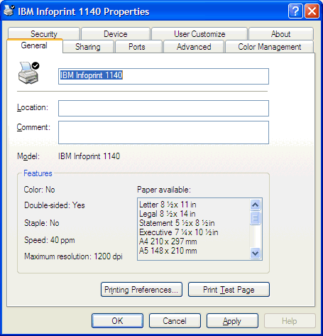 This is the Properties window for an IBM Infoprint 1140 printer.