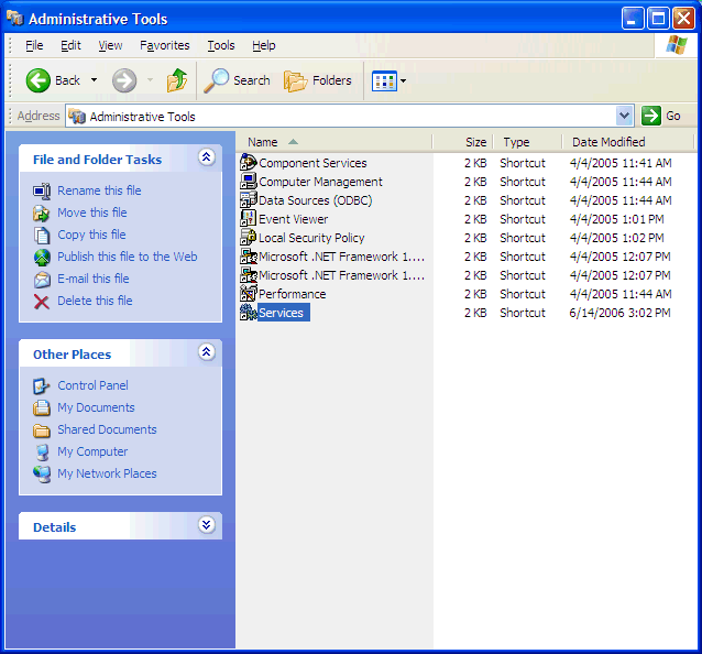 Services is highlighted in the classic view of the Administrative Tools.