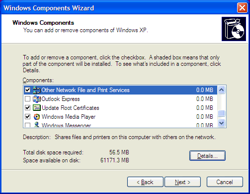 In the Windows Components Wizard, Other Network File and Print Services is highlighted.