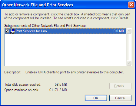 In the Other Network File and Print Services window, Print Services for Unix is highlighted.