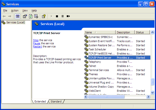 In the Services window, TCP/IP Print Server is highlighted.  The status is Started.
