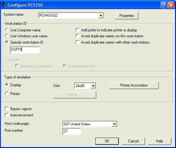 This screen shot shows an example of the Configure PC5250 dialog box with a workstation ID specified.  It also shows the new Printer Association button.