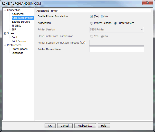 This screen shot shows an example of the Associated Printer options for the 5250 emulator.