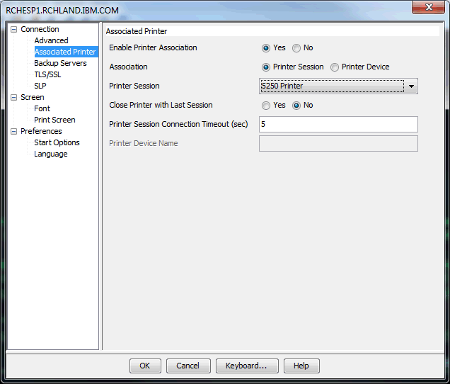 This screen shot shows an example of setting the Association to "Printer Session".