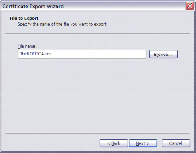 In the Certificate Export Wizard window, specify the file name.