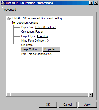 The IBM AFP 300 Printing Preferences window shows the Output Type set to Overlay, Print Text as Graphics On, and Image Options is highlighted.
