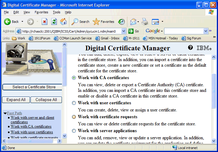 This screen shot shows an example of choosing the work with CA Certificates option.