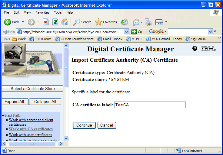 This screen shot shows an example giving the CA a label.