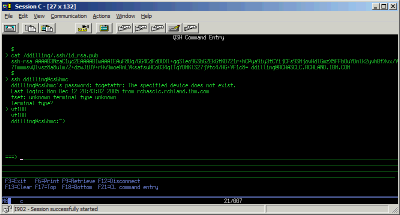 Screen shot of QSH Command Entry