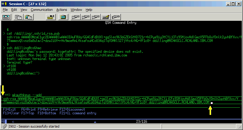 Screen shot of QSH Command Entry for mkauthkeys