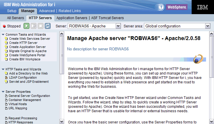 Screen shot of HTTP Web Administration GUI