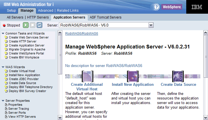 Screen shot of Web Administration GUI - Manage --> Application Servers