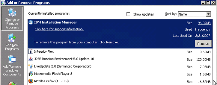 In the Add or Remove Programs window, IBM Installation Manager is highlighted.