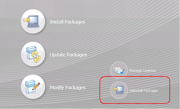 In the Installation Manager window, the Uninstall Packages icon is circled.