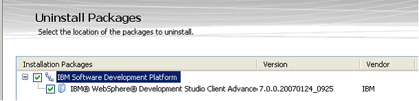 In the Uninstall Packages window, IBM Software Development Platform is highlighted.