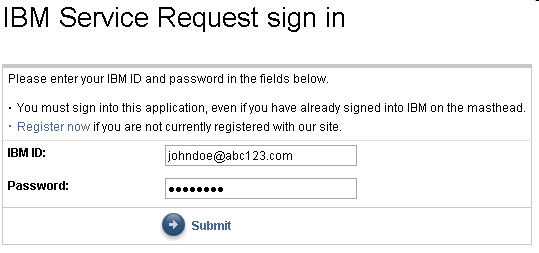 This is the IBM Service Request sign in screen.