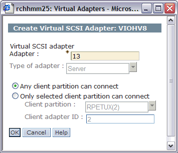 This is a screen shot of the Create Virtual SCSI Adapter screen on the HMC.
