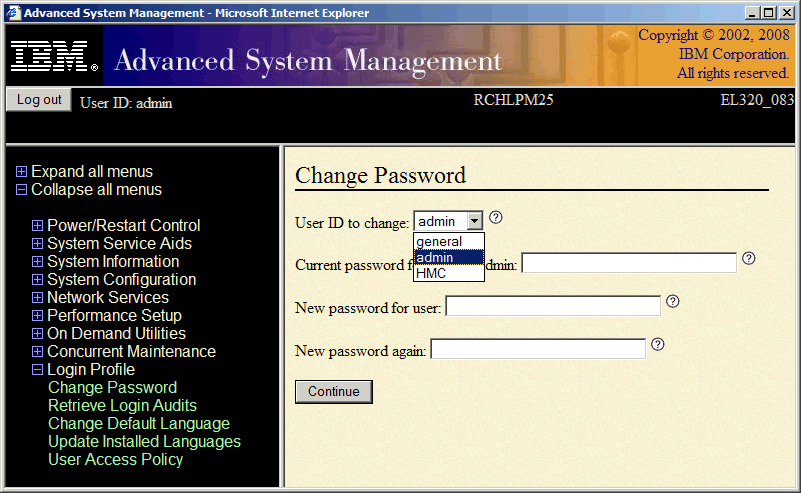 ASM screen showing left navigation panel with Login Profile category expanded and the option to Change Password indented underneath it.  The right hand pane shows the Change Password screen with a pull down list for which User ID to change. 