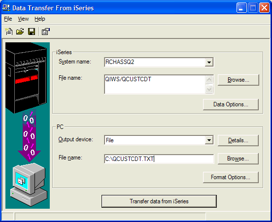 This picture shows the data transfer screen with the parameter filled in.