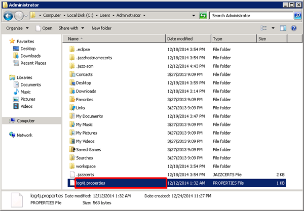 Create log4j.properties in a folder. C:\Users\Administrator, in this case.